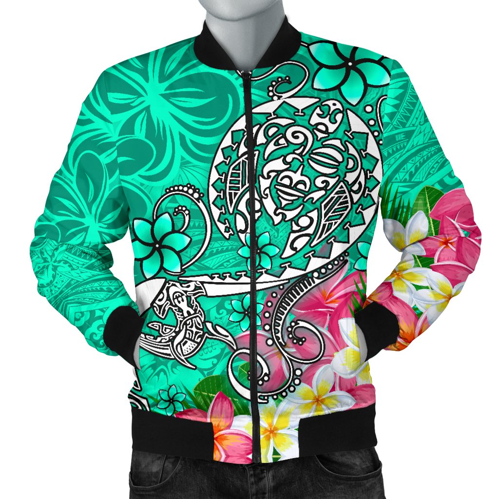 Polynesian Men's Bomber Jacket - Turtle Plumeria Turquoise Color Turquoise - Polynesian Pride