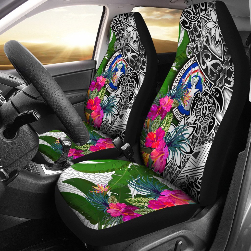 Northern Mariana Islands Car Seat Covers White - Turtle Plumeria Banana Leaf Universal Fit White - Polynesian Pride