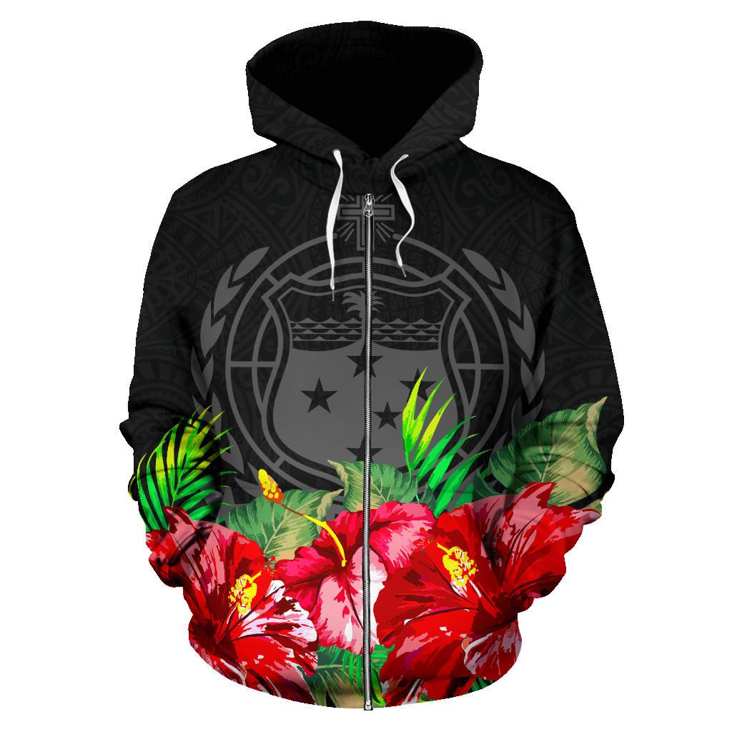 Samoa Polynesian Zip Hoodie Black Hibiscus - Polynesian Pride