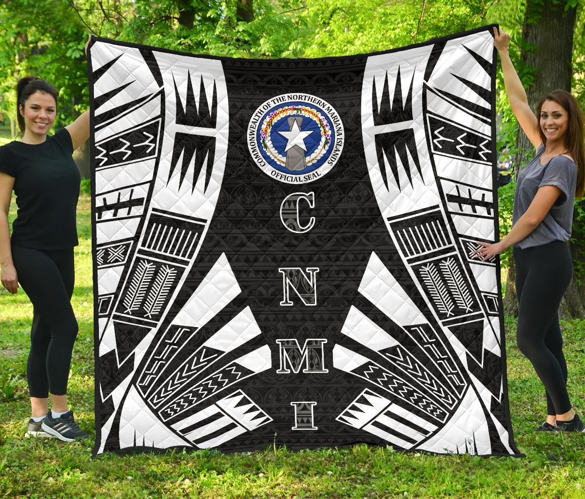 Northern Mariana Islands Premium Quilt - Northern Mariana Islands Seal Polynesian White Tattoo (Black) Black - Polynesian Pride