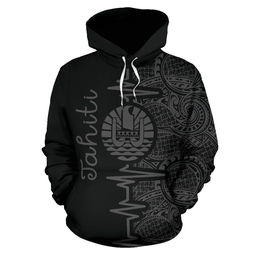 Tahiti Polynesian Hoodie Tahiti Flag Heartbeat Pattern Gray Version TH0 - Polynesian Pride