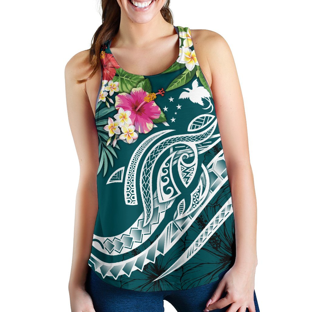 Papua New Guinea Polynesian Women's Racerback Tank - Summer Plumeria (Turquoise) - Polynesian Pride