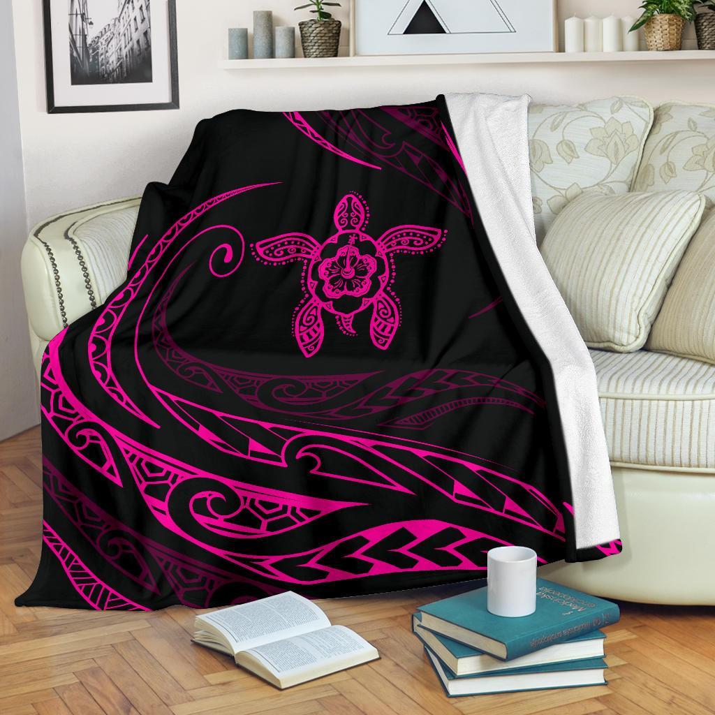 Hawaii Turtle Hibicus Premium Blanket - Frida Style - Pink - Polynesian Pride