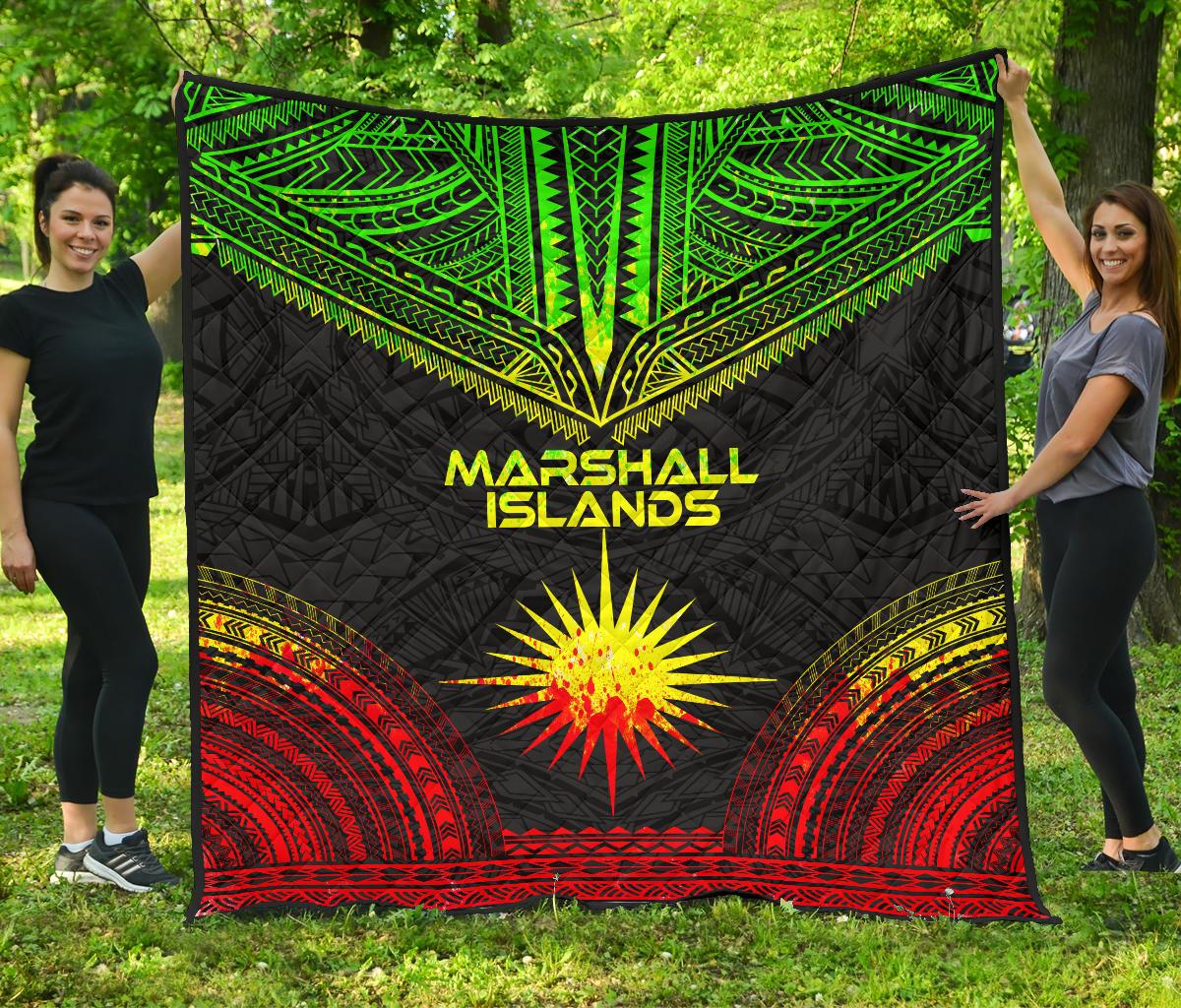 Marshall Islands Premium Quilt - Marshall Islands Flag Polynesian Chief Reggae Version - Polynesian Pride