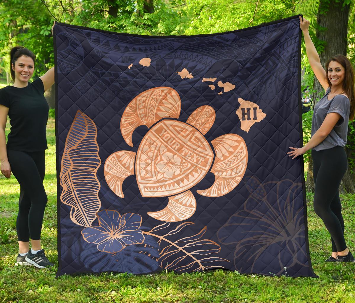 Personalized - Hawaii Kakau Polynesian Turtle Map Premium Quilt - Indigo Blue - Polynesian Pride