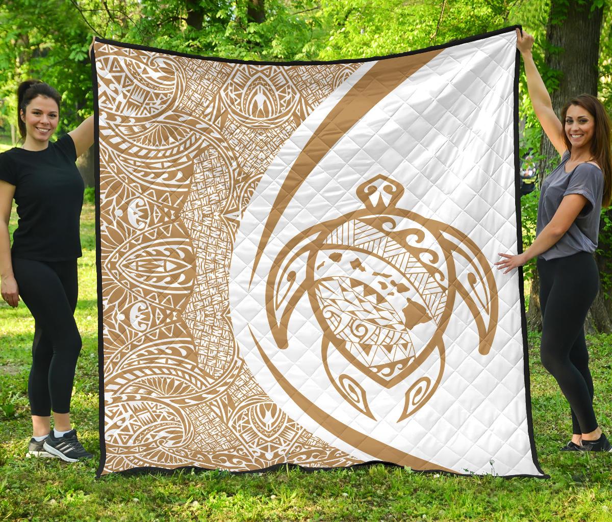 Hawaii Turtle Map Polynesian Premium Quilt - Circle Style Gold - Polynesian Pride