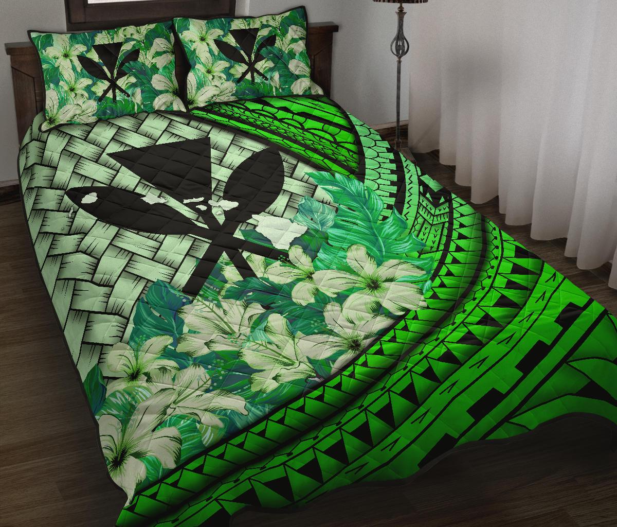Kanaka Maoli (Hawaiian) - Quilt Bed Set Lauhala Polynesian Hibiscus Green - Polynesian Pride