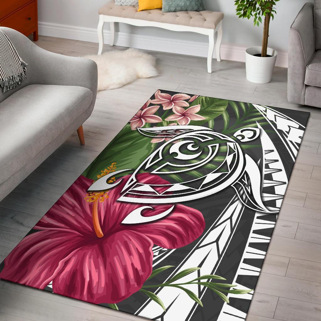 Hawaii Polynesian Turtle Tropical Hibiscus Plumeria Rug - Gray Gray - Polynesian Pride