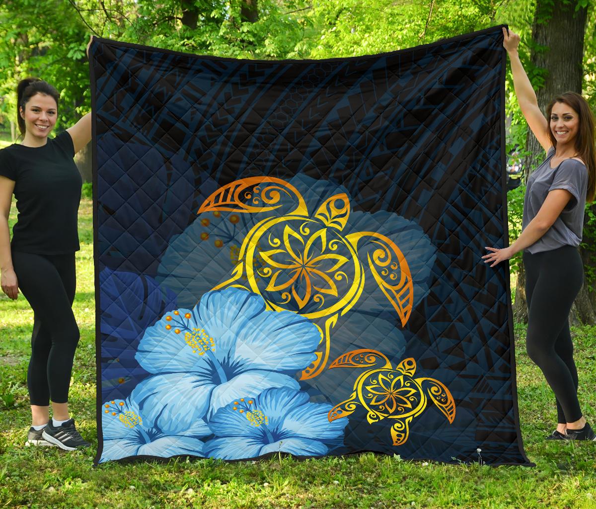 Hawaii Premium Quilt - Turtle Hibiscus Pattern Hawaiian Premium Quilt - Blue Blue - Polynesian Pride