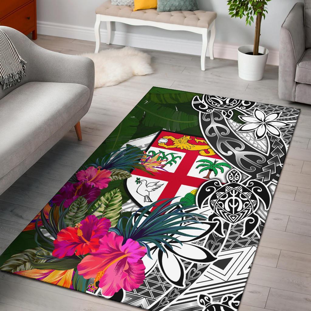 Fiji Area Rug White - Turtle Plumeria Banana Leaf - Polynesian Pride