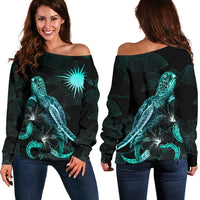 Marshall Islands Polynesian Women's Off Shoulder Sweater - Turtle With Blooming Hibiscus Turquoise Turquoise - Polynesian Pride