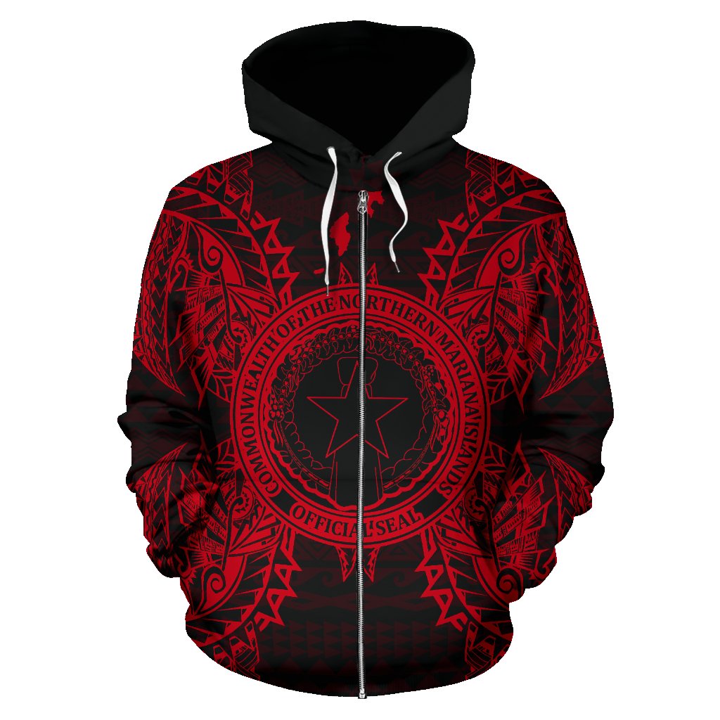 Northern Mariana Islands Polynesian All Over Zip up Hoodie Map Red - Polynesian Pride