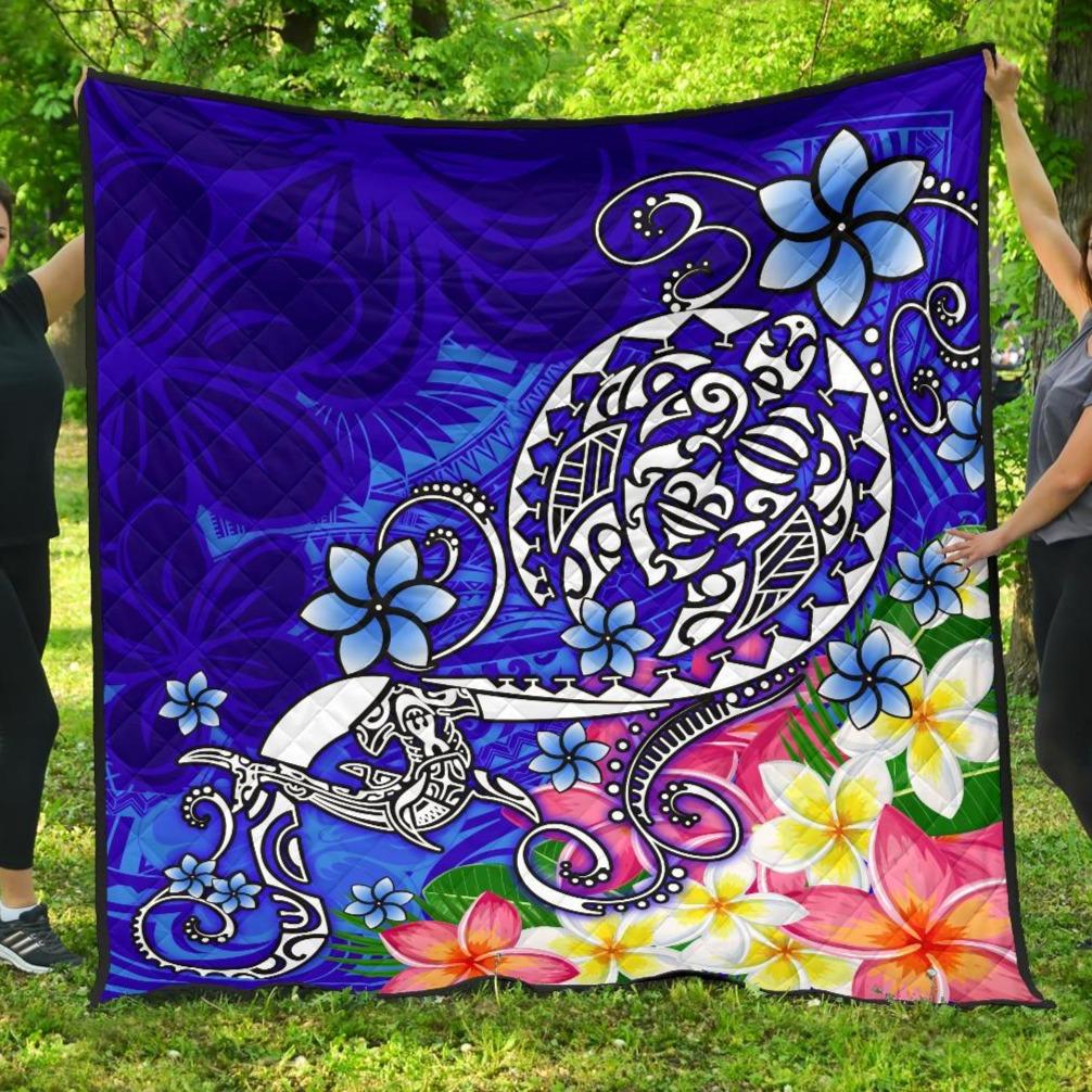 Polynesian Premium Quilt - Turtle Plumeria Blue Color Blue - Polynesian Pride