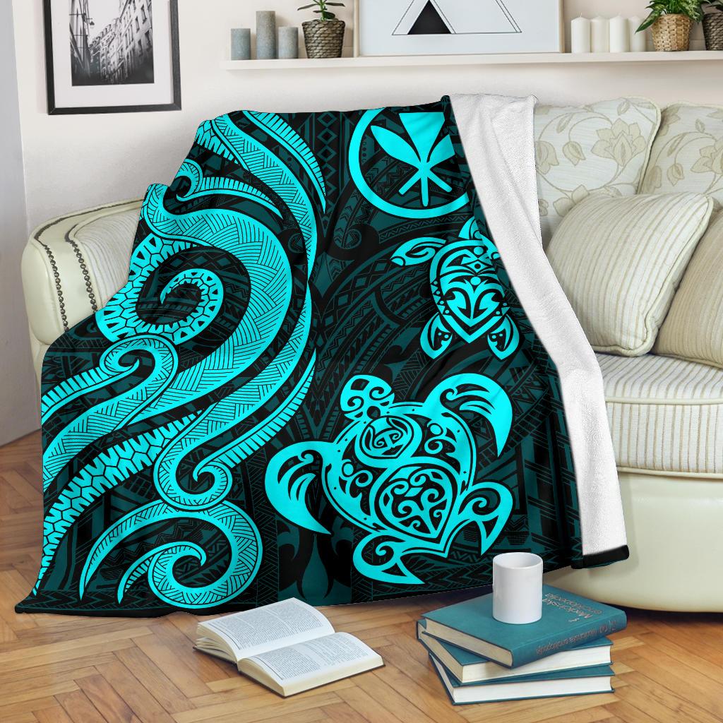 Polynesian Hawaii (Kanaka Maoli) Premium Blanket - Turquoise Tentacle Turtle White - Polynesian Pride