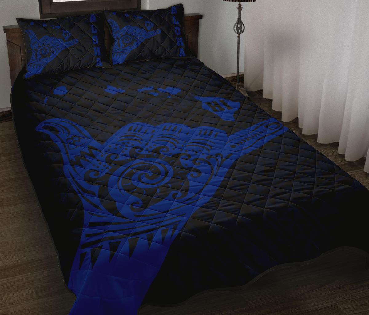 Hawaii Shaka Map Polynesian Quilt Bed Set - Blue - Polynesian Pride