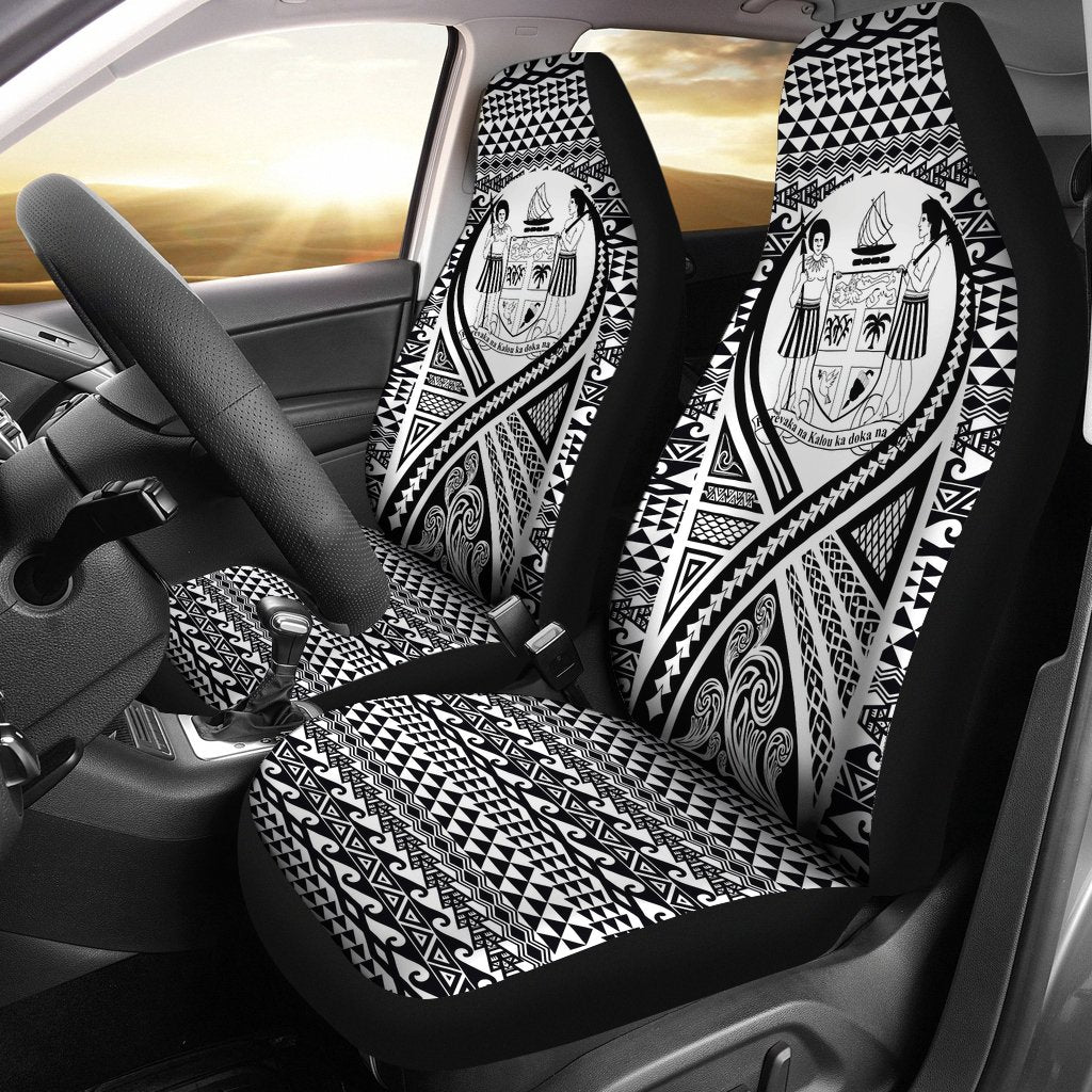 Fiji Car Seat Cover - Fiji Coat Of Arms Polynesian Tattoo Black Universal Fit Black - Polynesian Pride