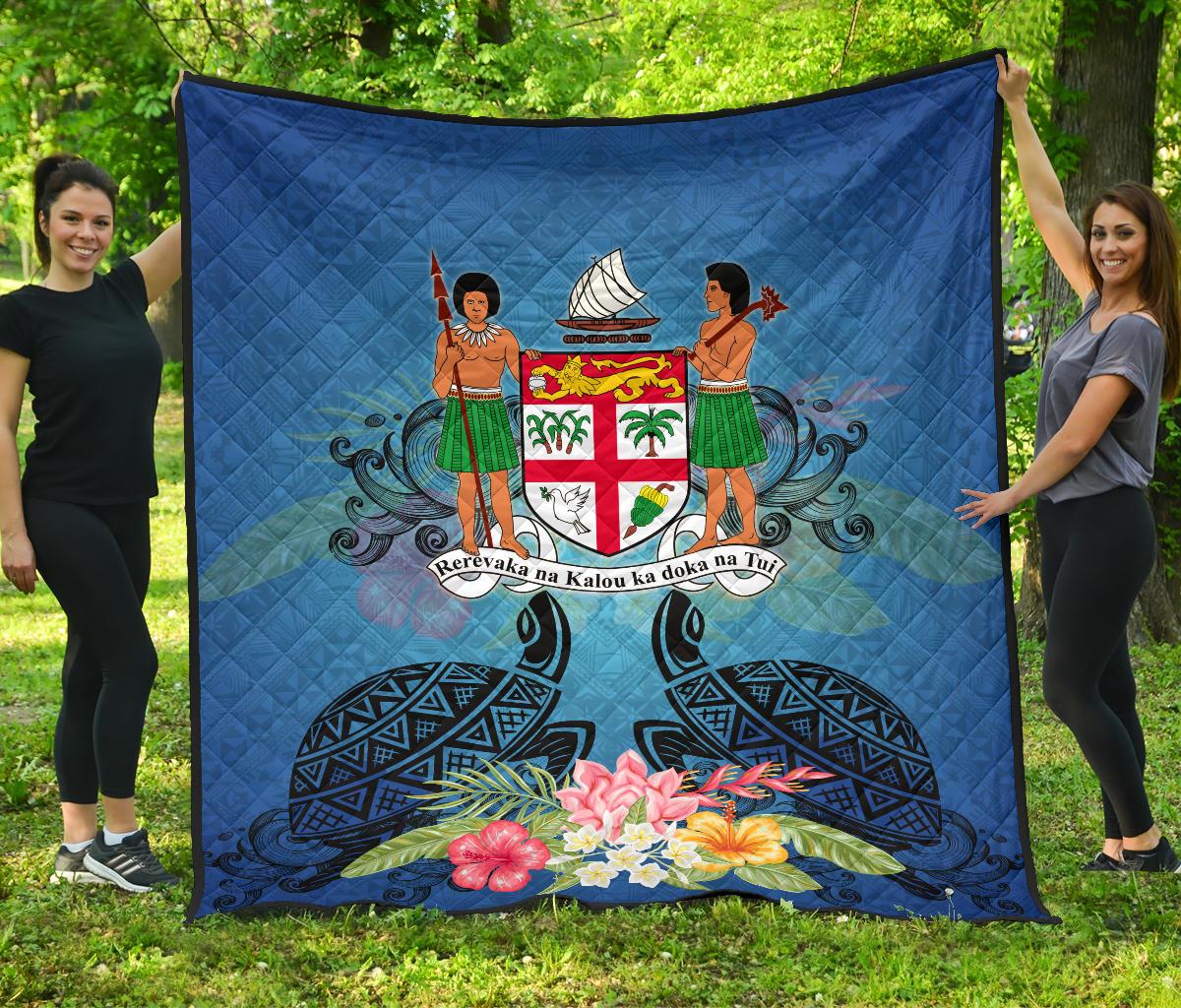 Fiji Premium Quilt - Turtle Hibiscus Tapa Patterns Blue - Polynesian Pride