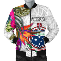 Samoa Men's Bomber Jacket - Polynesian Hibiscus White Pattern - Polynesian Pride
