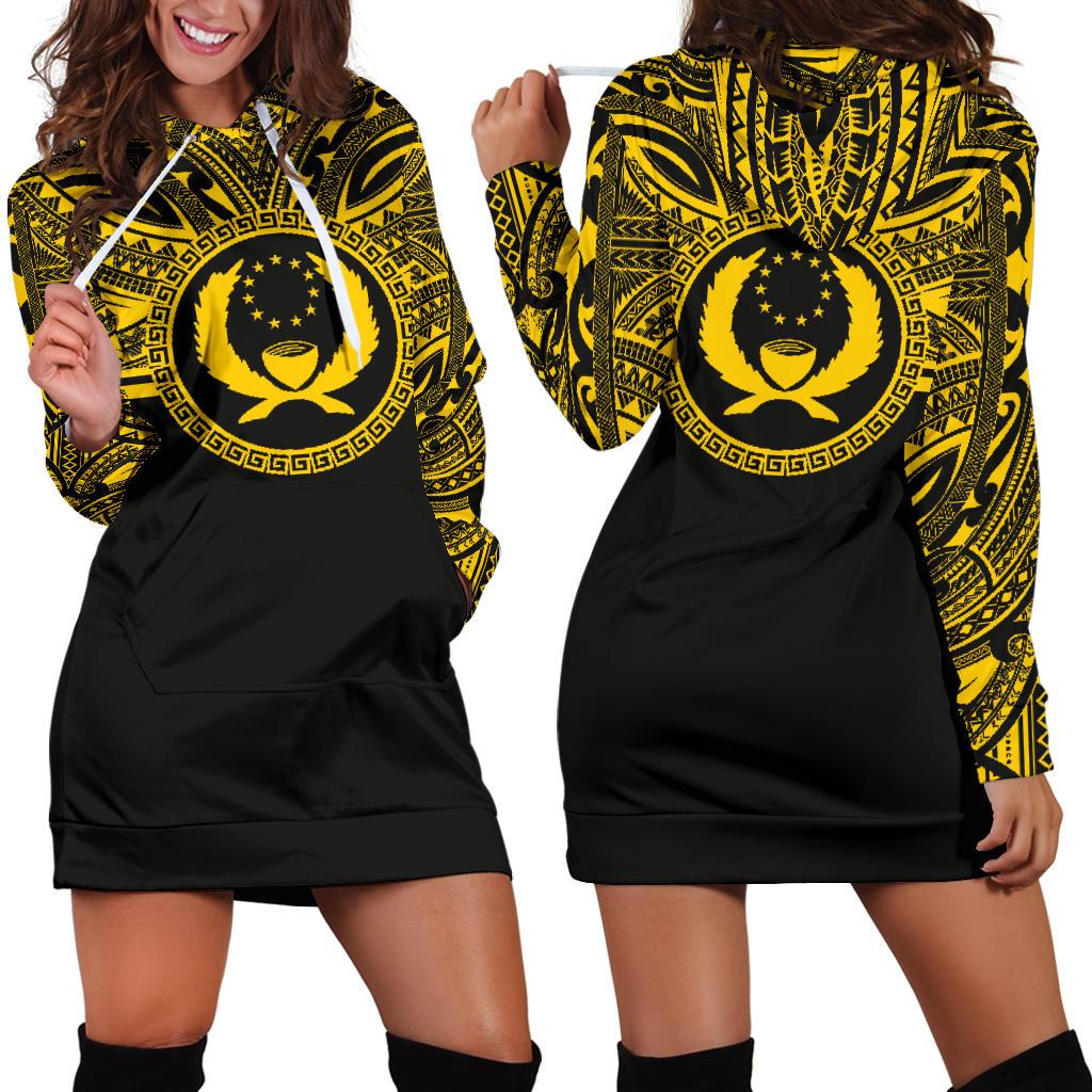 Pohnpei Women Hoodie Dress - Pohnpei Coat Of Arms Polynesian Gold Black Gold - Polynesian Pride