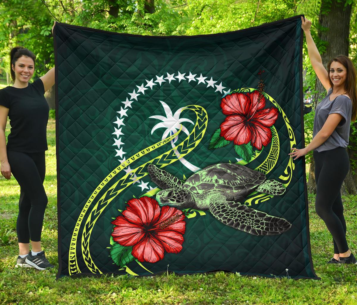 Chuuk Micronesia Premium Quilt - Green Turtle Hibiscus Green - Polynesian Pride