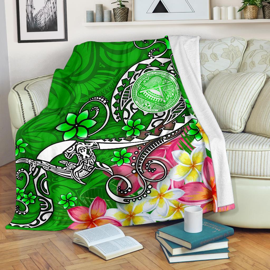 American Samoa Polynesian Premium Blanket - Turtle Plumeria (Green) White - Polynesian Pride