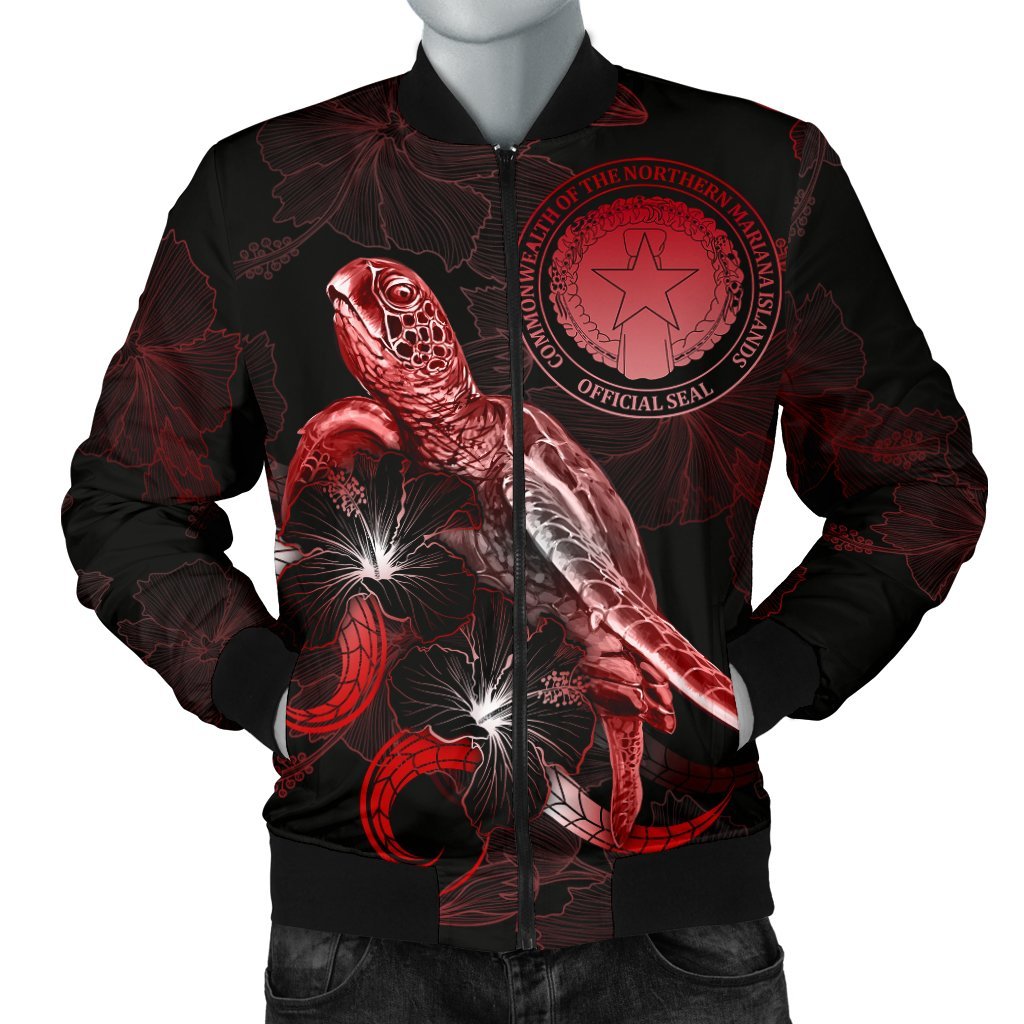 CNMI Polynesian Men's Bomber Jacket - Turtle With Blooming Hibiscus Red Red - Polynesian Pride