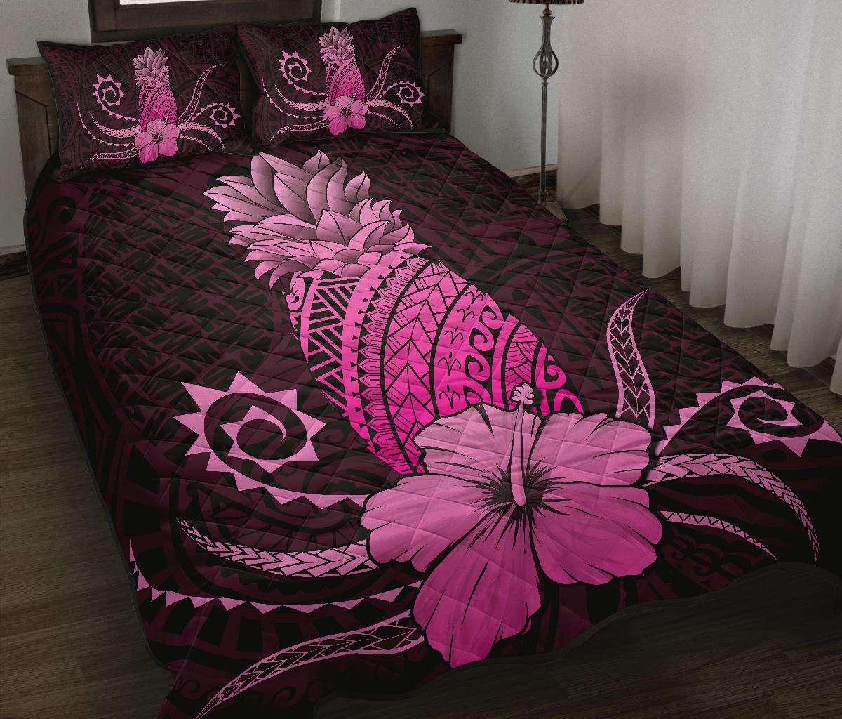 Hawaii Polynesian Pineapple Hibiscus Quilt Bed Set - Zela Style Pink - Polynesian Pride