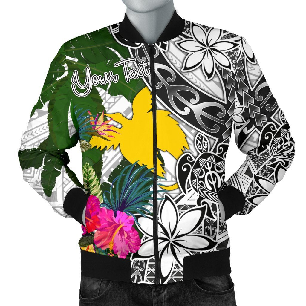 Papua New Guinea Custom Personalised Men's Bomber Jacket White - Turtle Plumeria Banana Leaf White - Polynesian Pride