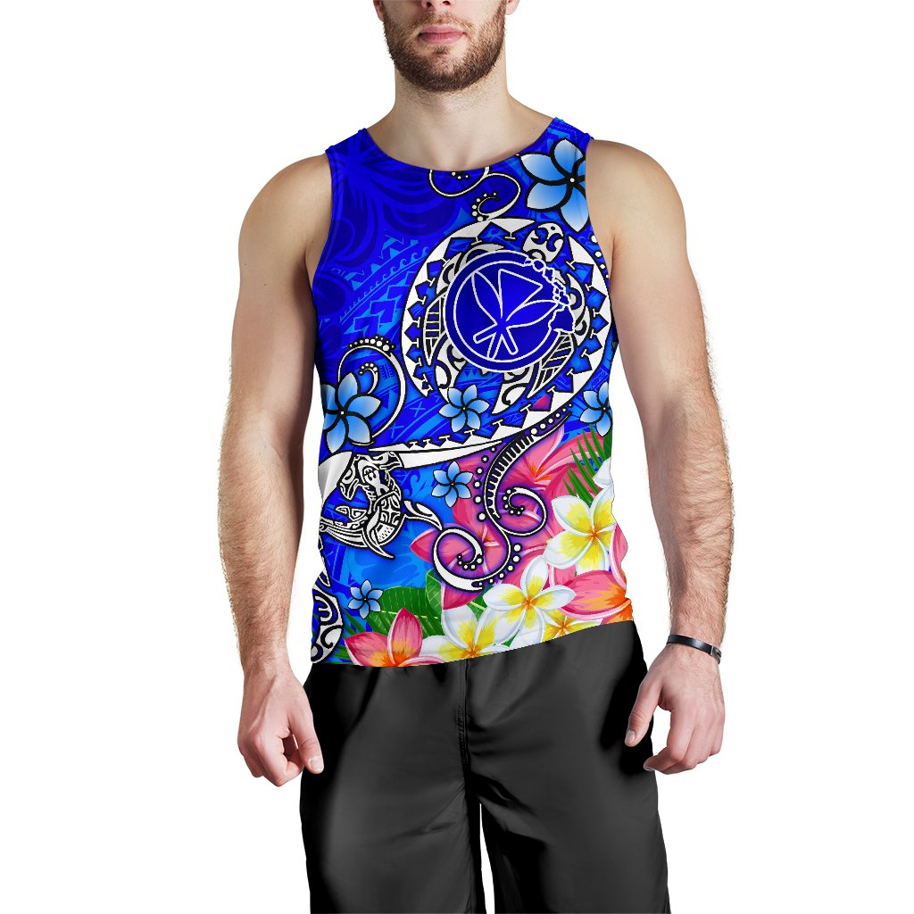 Hawaii Men's Tank Top - Turtle Plumeria Polynesian Tattoo Blue Color - Polynesian Pride
