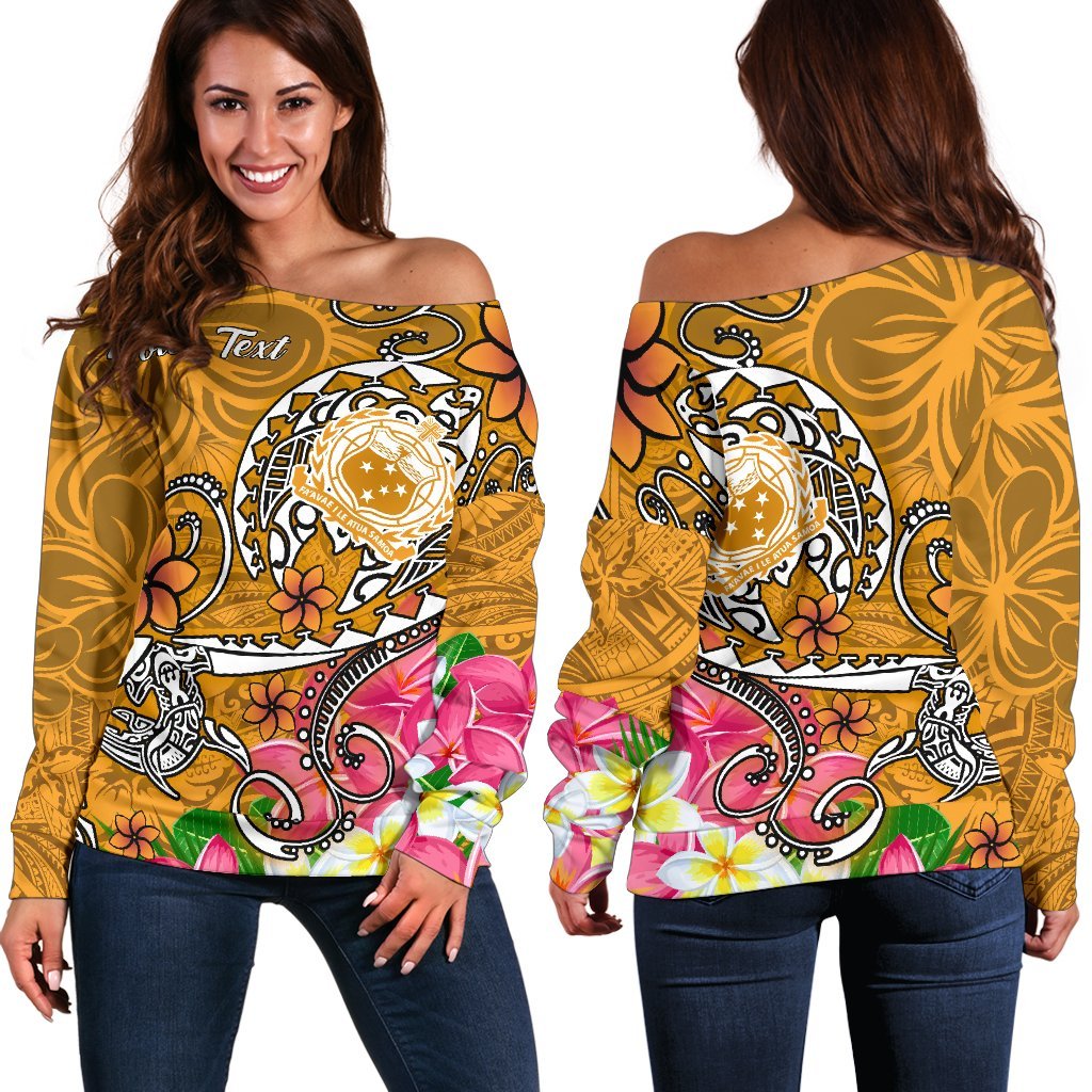 Samoa Custom Personalised Women's Off Shoulder Sweater - Turtle Plumeria (Gold) Gold - Polynesian Pride