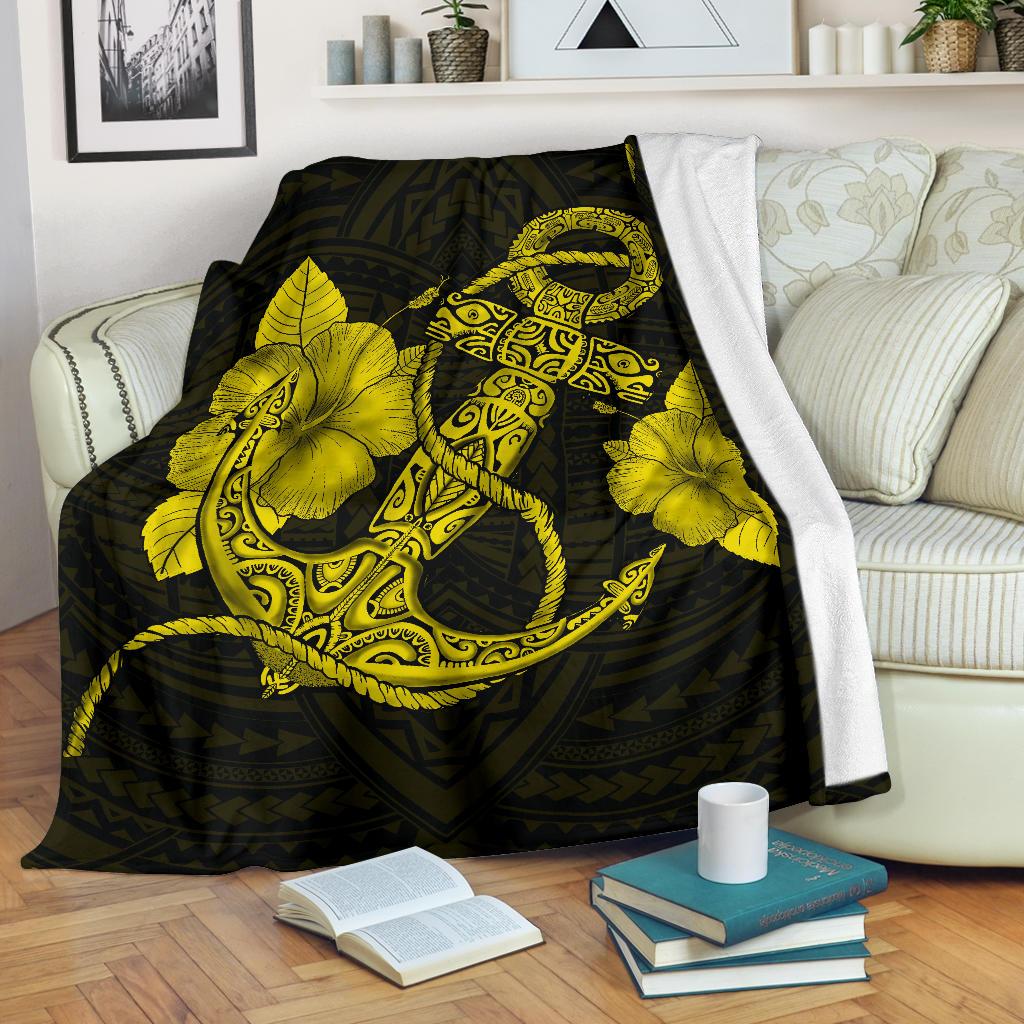 Anchor Yellow Poly Tribal Premium Blanket White - Polynesian Pride