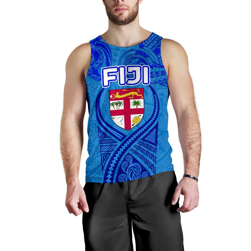 Blue Men Tank Top Fiji Rugby Polynesian Waves Style Blue - Polynesian Pride