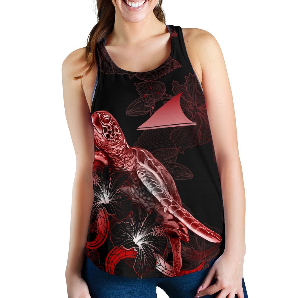 Tokelau Polynesian Women Tank Top - Turtle With Blooming Hibiscus Red - Polynesian Pride