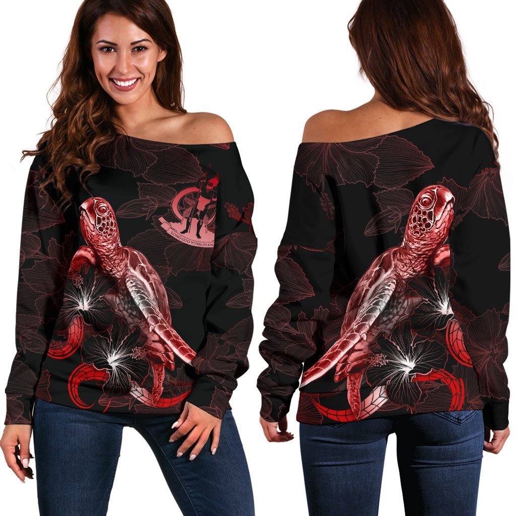 Vanuatu Polynesian Women's Off Shoulder Sweater - Turtle With Blooming Hibiscus Red Red - Polynesian Pride