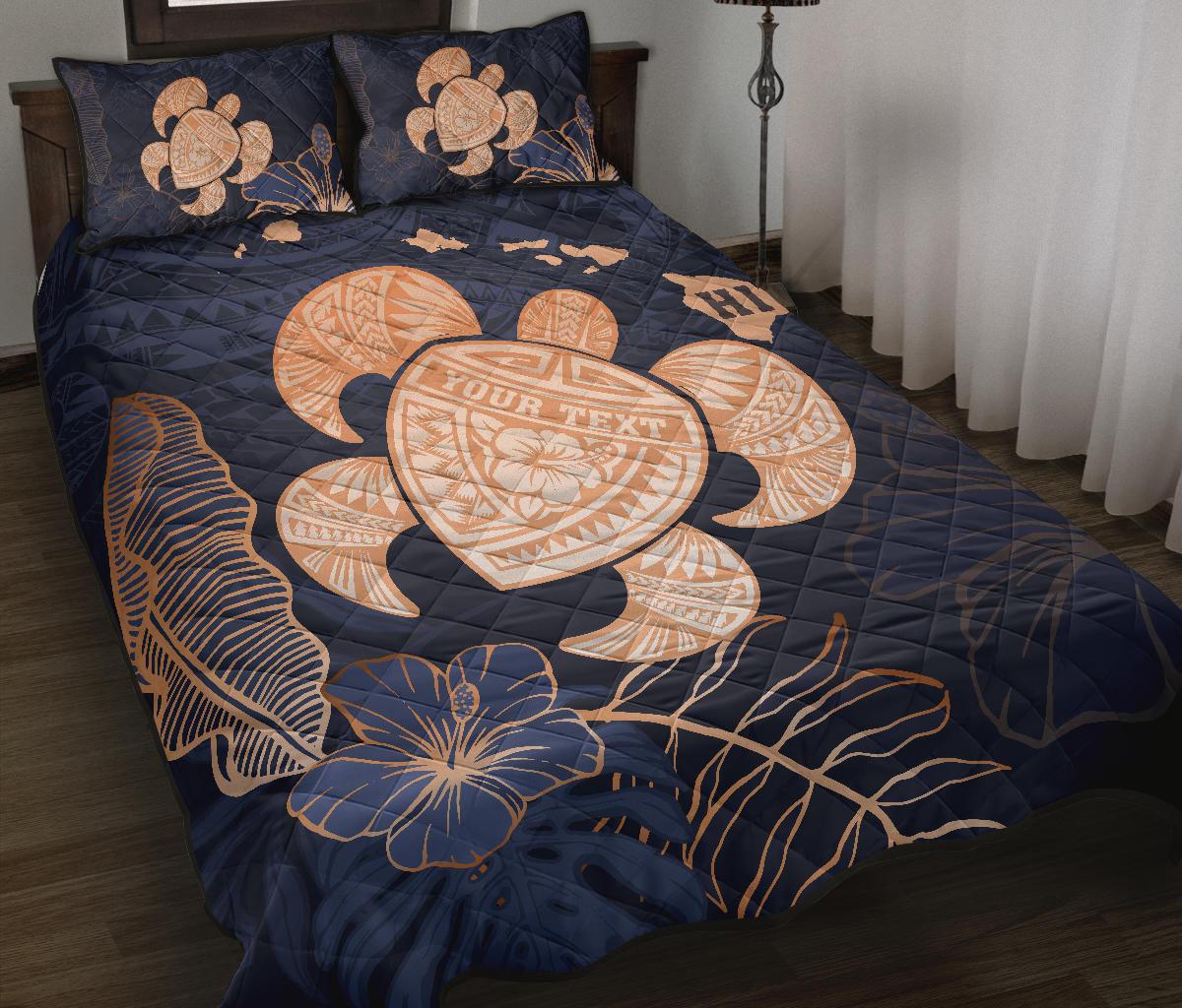 Personalized - Hawaii Polynesian Turtle Map Hibiscus Tropical Quilt Bed Set - Indigo - Polynesian Pride