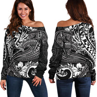 Polynesian Women's Off Shoulder Sweater - White Shark Polynesian Tattoo White - Polynesian Pride