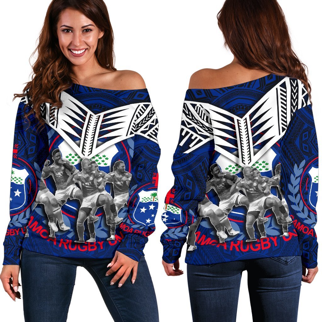 Samoa Women's Off Shoulder Sweater Siva Tau Blue - Polynesian Pride