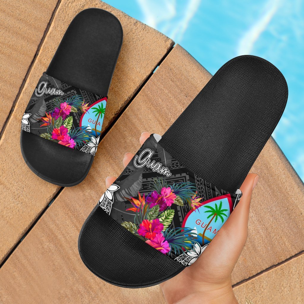 Guam Slide Sandals - Turtle Floral Black - Polynesian Pride