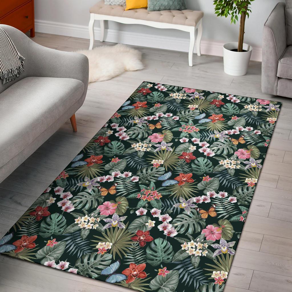 Tropical Plumeria Pattern With Palm Leaves Rug Black - Polynesian Pride