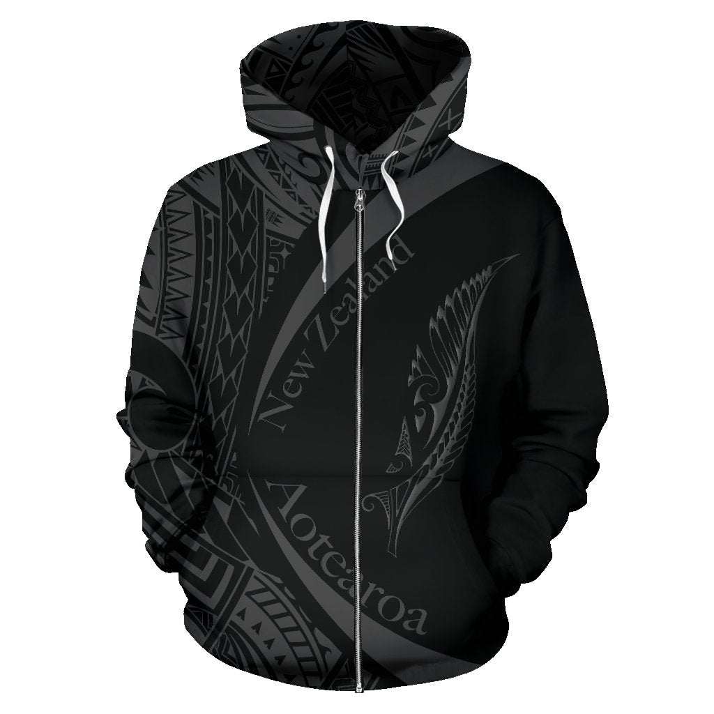 New Zealand Silver Fern Zip Hoodie Maori Tattoo Circle Style Unisex Black - Polynesian Pride