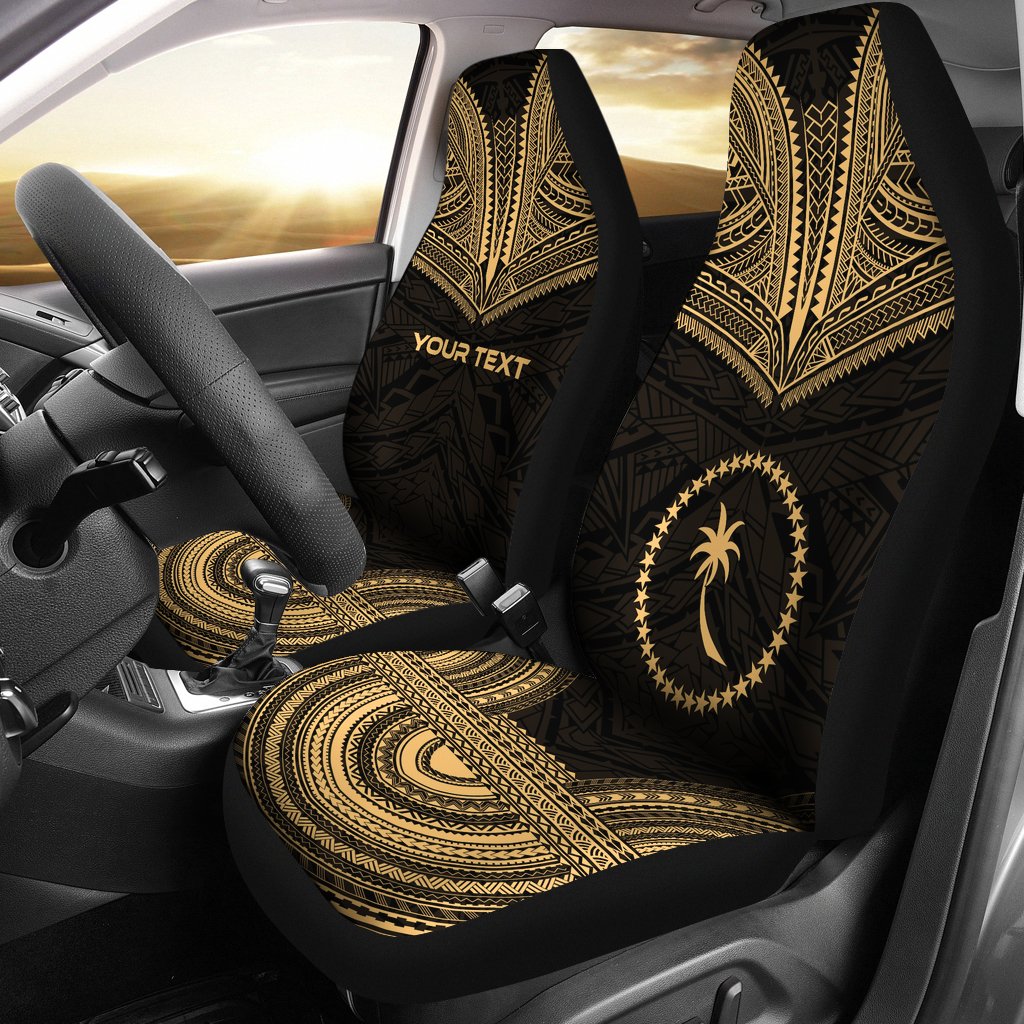 Chuuk Custom Personalised Car Seat Cover - Chuuk Flag Polynesian Chief Tattoo Gold Version Universal Fit Gold - Polynesian Pride