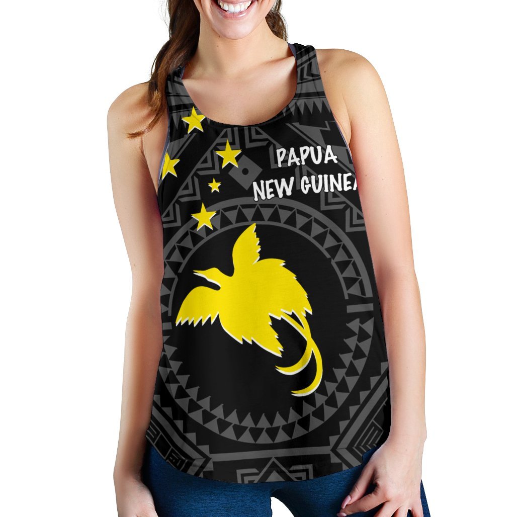 Papua New Guinea Women's Racerback Tank - Flag With Polynesian Patterns (Black) - Polynesian Pride