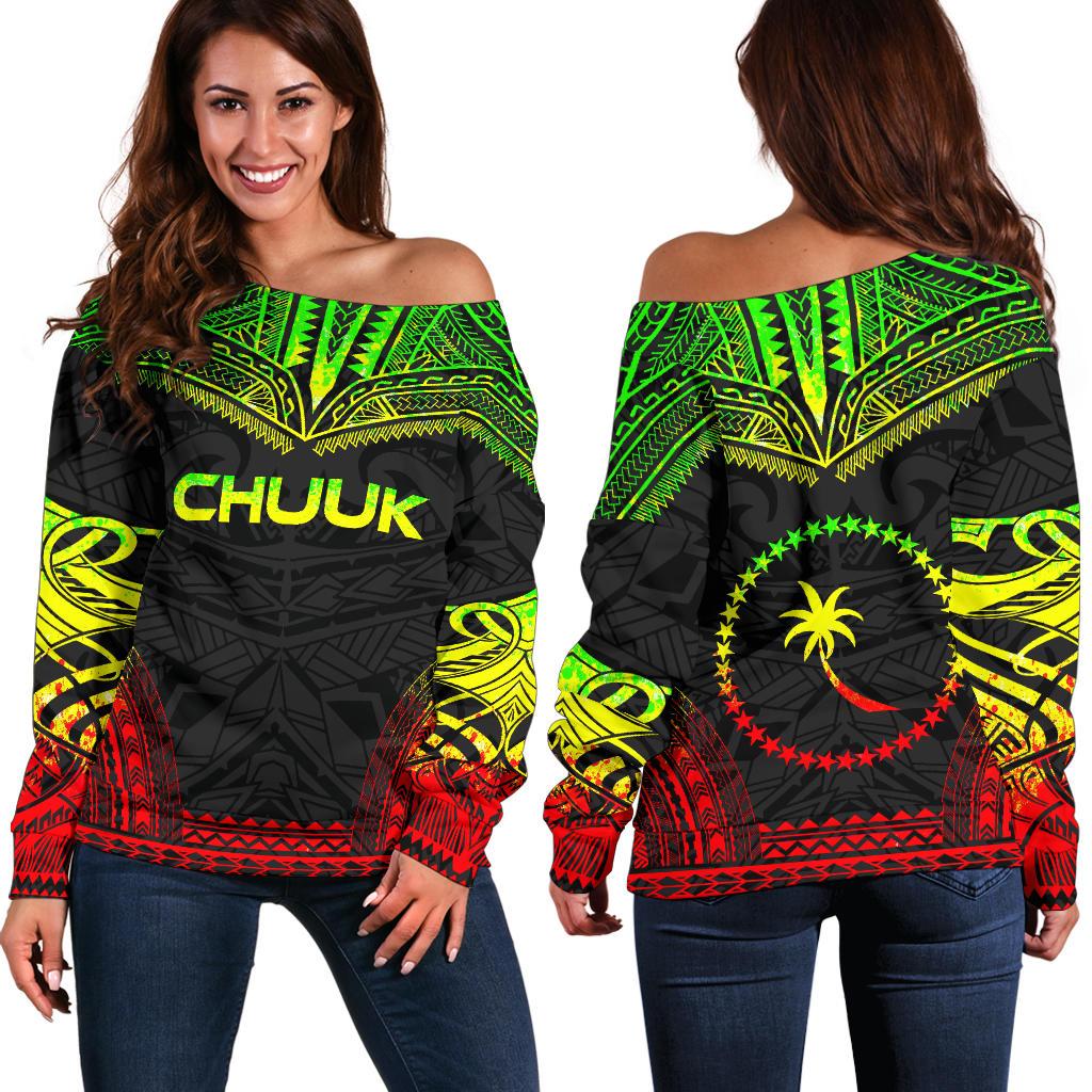 Chuuk Polynesian Chief Women's Off Shoulder Sweater - Reggae Version Art - Polynesian Pride