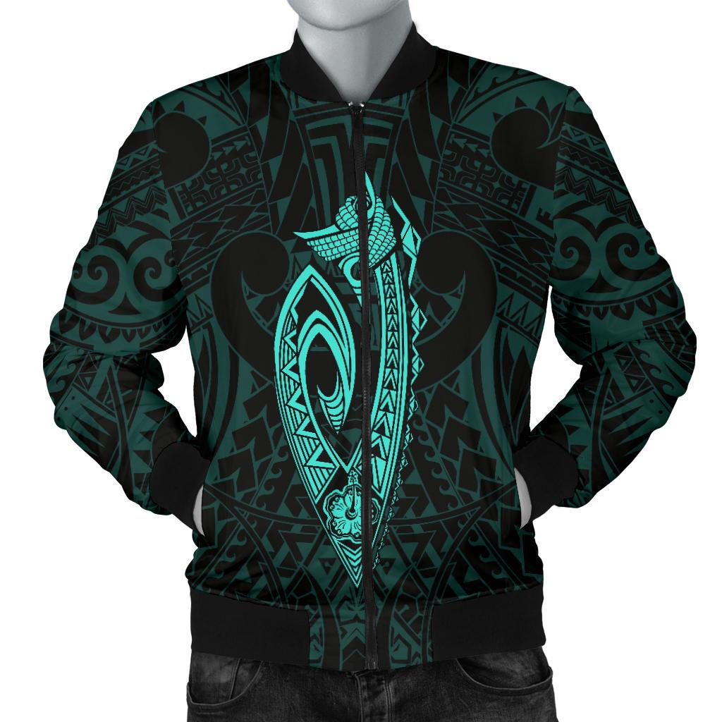 Hawaii Kakau Makau Fish Hook Kanaka Map Men's Bomber Jacket Polynesian - Turquoise Turquoise - Polynesian Pride