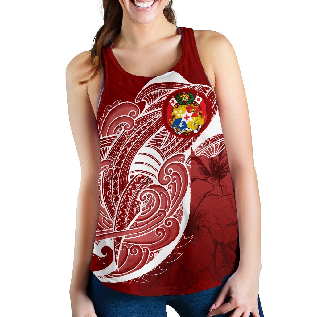 Tonga Women'S Racerback Tank Shark Coat Of Arms Red - Polynesian Pride