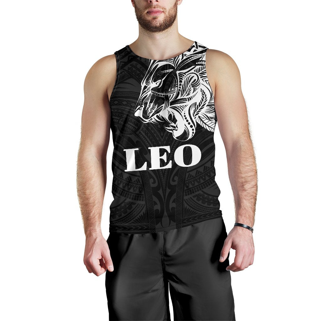 Sun In Leo Zodiac Men Tank Top Polynesian Tattoo Simple - White Black - Polynesian Pride