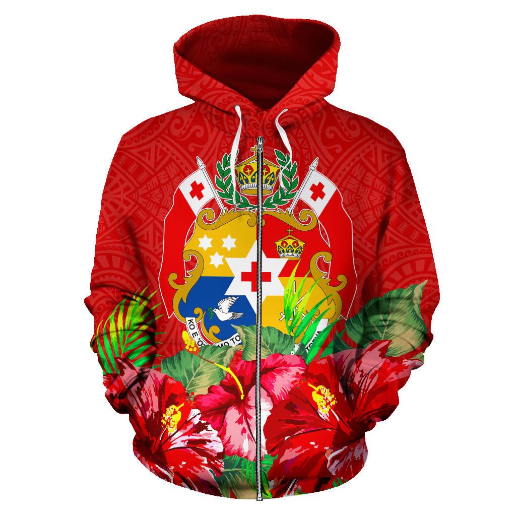Tonga Polynesian Zip Hoodie Flag Hibiscus - Polynesian Pride