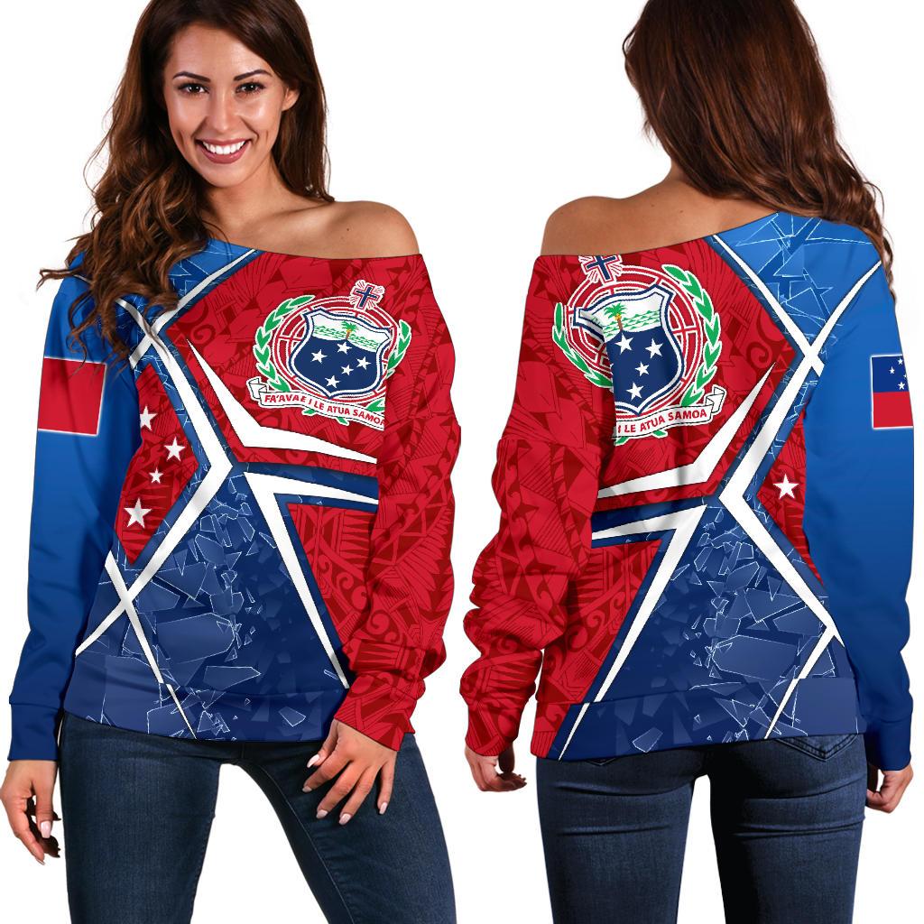 Samoa Women's Off Shoulder Sweater - Samoa Flag with Polynesian Patterns Blue - Polynesian Pride