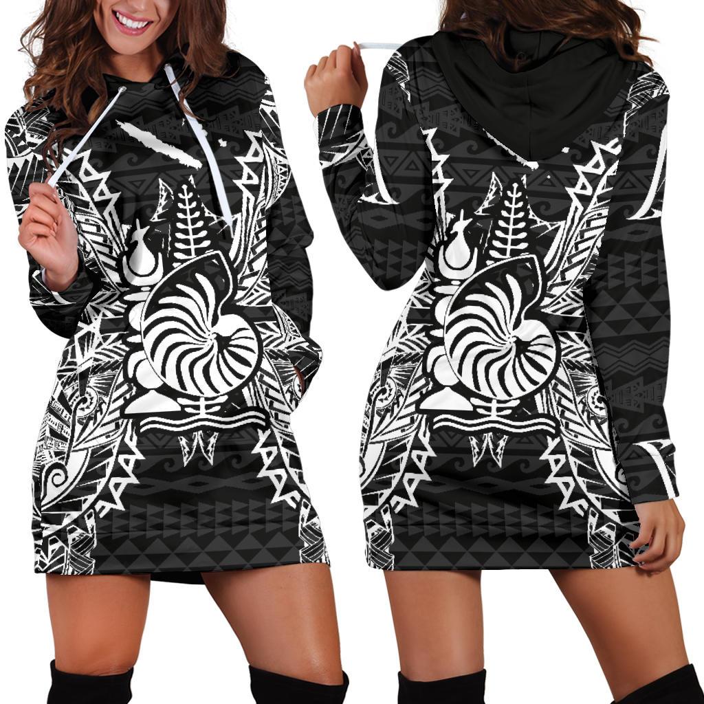 New Caledonia Polynesian Hoodie Dress Map Black Black - Polynesian Pride