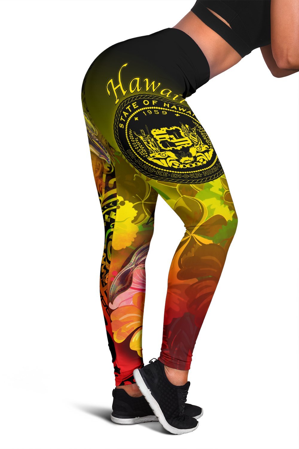 Polynesian Hawaii Women's Leggings - Humpback Whale with Tropical Flowers (Yellow) - Polynesian Pride